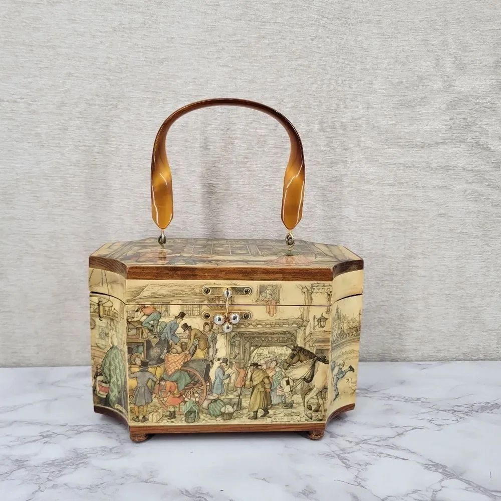 Vintage Anton Pieck Box Purse 3D Decoupage Wood 9" Octogon Lucite Handle 1960s